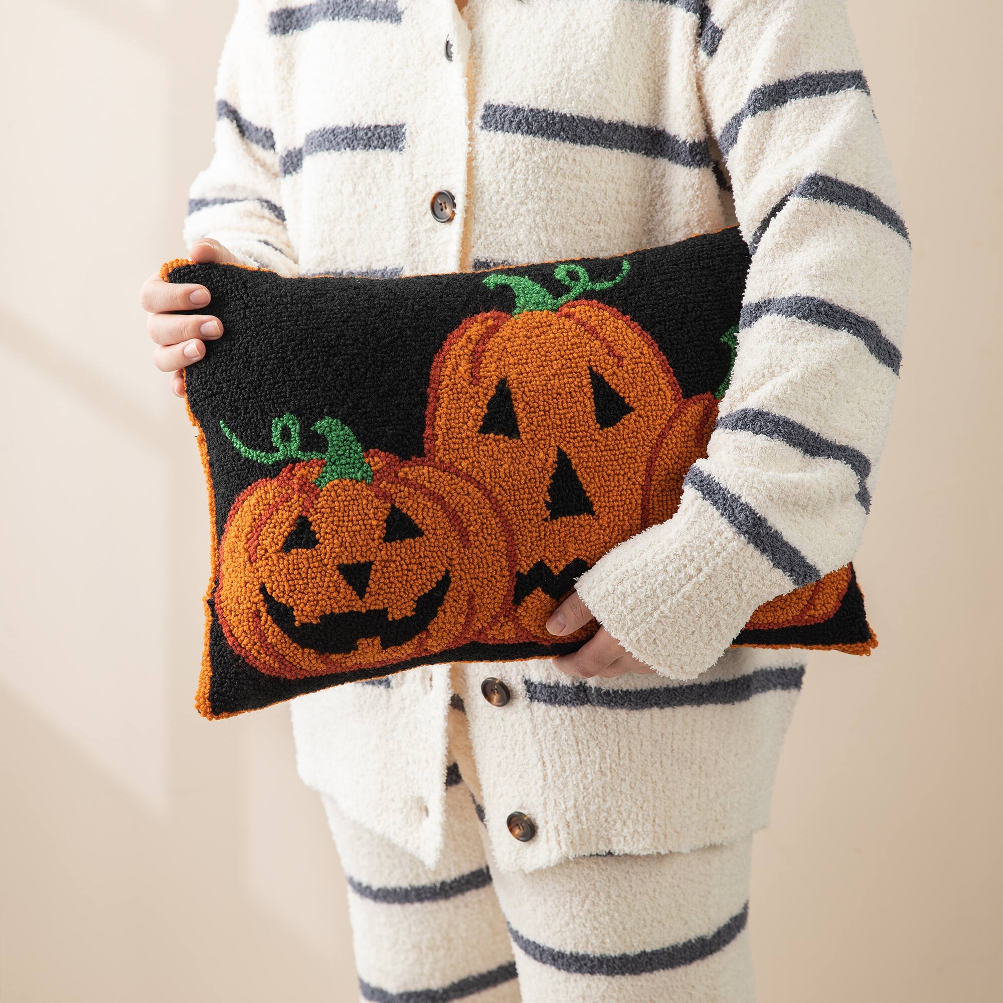 Glitzhome® 18" x 12" Hooked Halloween Pumpkins Pillow